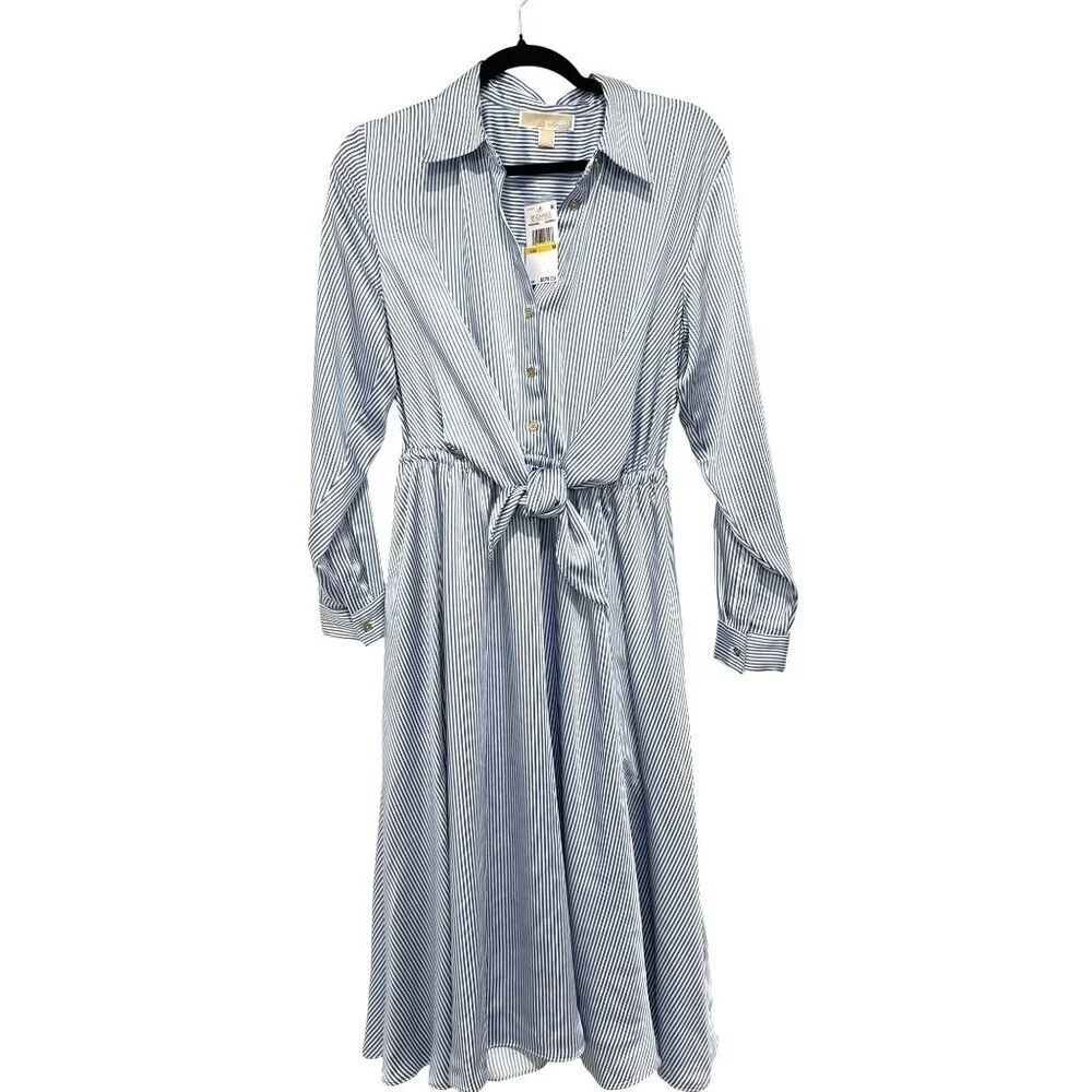 Michael Kors Blue White Striped Button-Down Tie-Waist Midi Shirt Dress M NWT